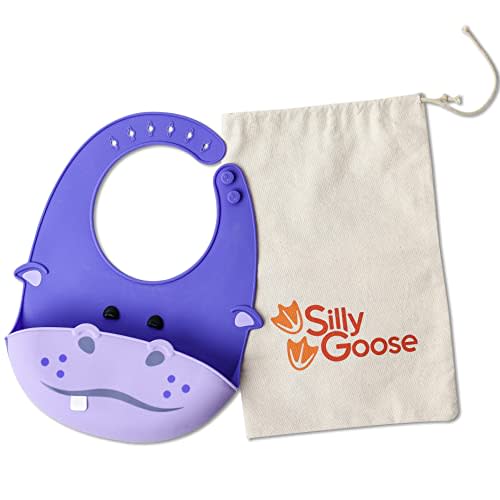 Silly Goose Silicone Animal Baby Bibs for Babies and Toddlers, Waterproof, Adjustable, Soft, Extra Wide Food Catcher Pocket (Baby Hippo)