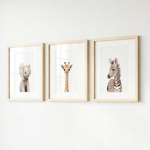 Baby Safari Animals Set of 3 Nursery Art Prints - Classic · 12x16 · Natural Frame with Mat - Baby Safari Animals Set of 3 Nursery Art Prints – Animal Nursery Wall Art – The Crown Prints