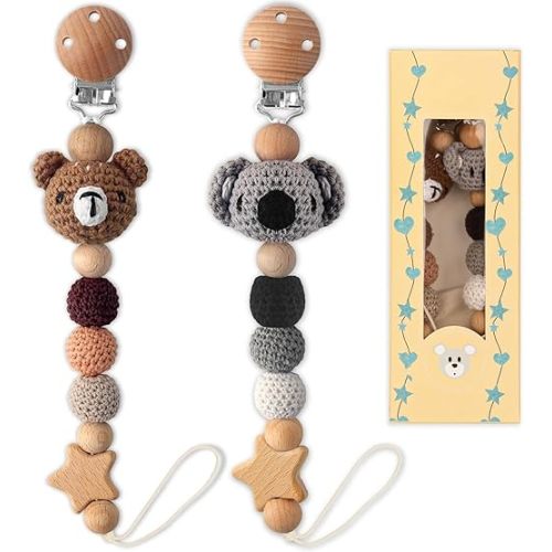 Pacifier Clip, 2 Pack Pacifier Clips for Boys and Girls, Cute Koala & Bear Handmade Knitted Pacifier Holder Fits for Most Pacifier, Baby Teethers, Baby Shower and Baby Gift