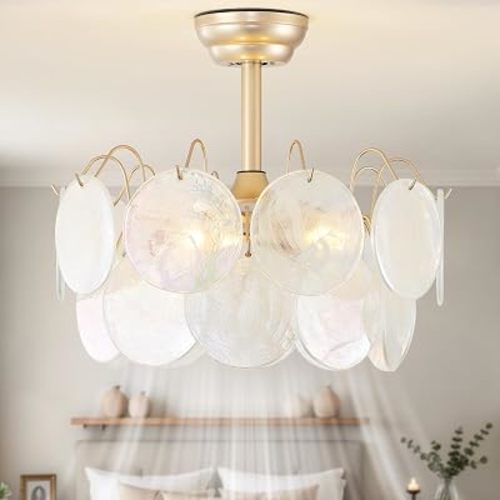 20" Gold Crystal Fandelier Ceiling Fans with Lights, Gold Flower Chandelier Ceiling Fan with Light Remote Control, Caged Mid-Century with 6 Speeds for Girl's Bedroom, Living Room, Nursery