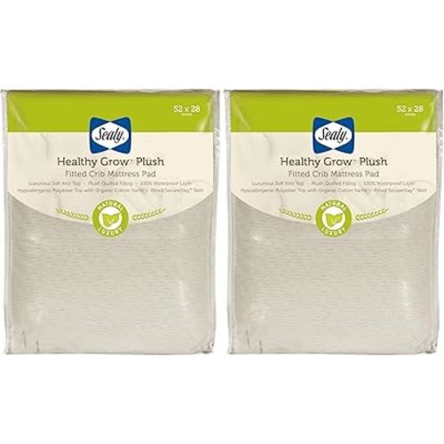 Sealy Baby Healthy Grow Plush Fitted Waterproof Infant Crib Mattress Protector Pad and Toddler Bed Cover, Organic Cotton and PolyBlend Top, Machine Washable and Dryer Friendly, 52” x 28”- White