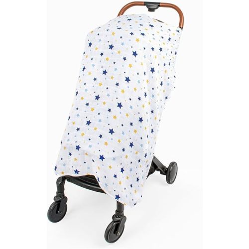 Muslin Stroller Cover - Versatile Baby Stroller Sunshade, Windbreaker, and Insect Shield - Stylish and Breathable Travel Accessory (Blue Star)