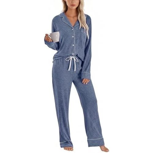 PJGGZ Womens Pajama Sets Long Sleeve, Soft Cozy Button Down Top & Drawstring Pants with Pockets 2 Piece Lounge Pjs S-XXL