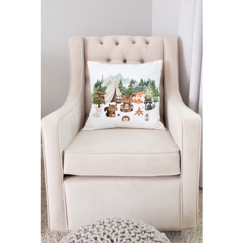 Woodland animals Square Pillow Case, Forest pillow cover, Woodland nursery, Adventure awaits, Camping pillow - Camping critters