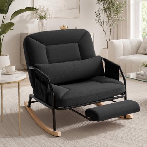 Oversized Rocking Chair Nursery with Reclining Backrest and Footrest, Black | Indoor rocking chair, extra-wide seat, lumbar pillow, 110°–160° recline, soft corduroy, for nursery, living room and bedroom