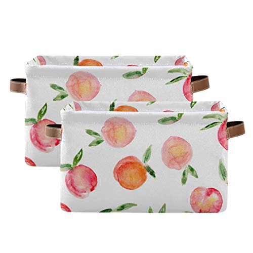 susiyo Large Foldable Storage Bin, Watercolor Peaches Fabric Storage Baskets Collapsible Decorative Baskets Organizing Basket Bin with PU Handles for Shelves Home Closet Bedroom Living Room-2Packs