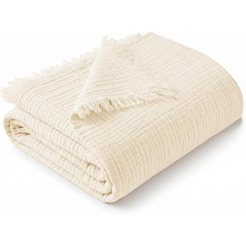 Muslin Baby Blanket, 100% Cotton 4 Layer Gauze Swaddle Blanket & Receiving Blanket, Soft Breathable Blanket for Newborn Infant Toddler, Stroller Crib Tummy Time, Beige, 40 x 43 Inch