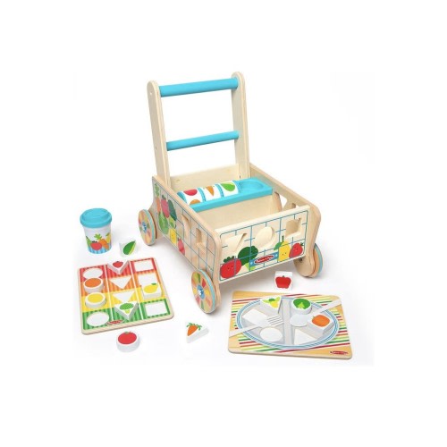 Melissa & Doug Wooden Shape Sorting Grocery Cart Push Toy and Puzzles -