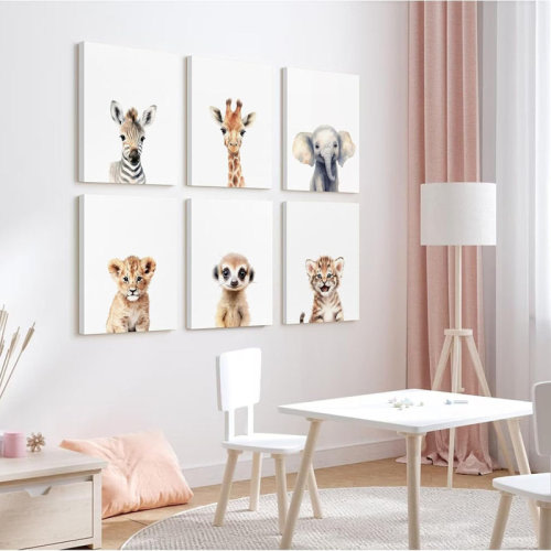 Indigo Safari Nursery Wall Art Decor Set Of 6 Baby Animal Wall Art Kids Canvas Wall Art Safari Nursery Pictures Jungle Animal Prints Baby Art Giraffe Painting For Room Bedroom 8X10 Inch Framed | Wayfair