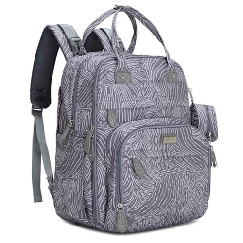 BabbleRoo Diaper Bag Backpack - Baby Essentials Travel Tote - Multi Function Water Resistant Diaper Bag, Travel Essentials Baby Bag with Changing Pad, Stroller Straps & Pacifier Case - Grey Swirls