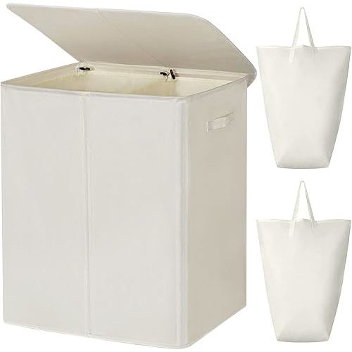 WOWLIVE 154L Double Laundry Hamper with Lid and Removable Laundry Bags, Large Dirty Clothes Hamper 2 section Collapsible Laundry Basket Dorm Room Storage for Bedroom, Bathroom, College,Beige