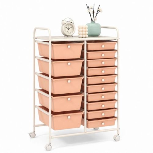 Peach 15-Drawer Rolling Cart Organizer with Wheels, Rolling Kitchen Cart with Storage for Snacks