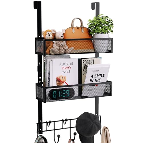 Consumest Over The Door Hooks Organizer - Extra Long Door Hanger with 9 Coat Hooks & 2 Mesh Basket, Back Storage Organizer Hanging Towels for Bathroom, Bedroom, Black (for 1.76 in Doors)