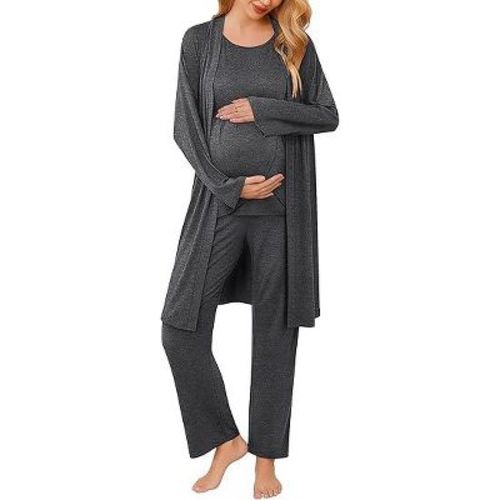 Ekouaer Maternity Nursing Robe Set 3 Pieces Sleeveless Top, Pregnancy Pants & Robe Double Layer Pajamas S-XXL Dark Gray XL