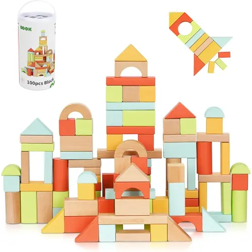 100pcs Building Blocks for Toddlers 1-3, Wooden Blocks for Kids with Storage Bucket and Shape Sorter Lid, Montessori Toys for 1 2 3 Year Old, Learning Toys for Preschool Girls and Boys
