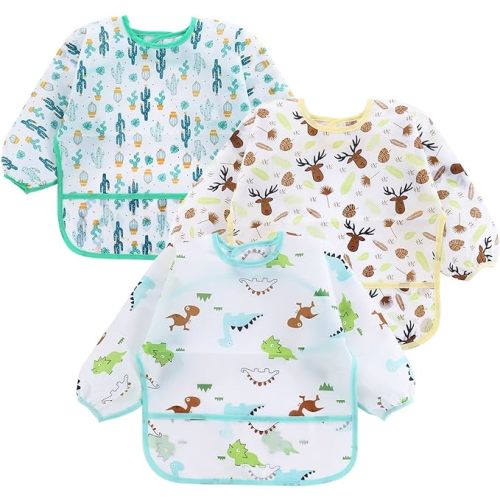 PandaEar (3 Pack) Long Sleeve Bibs| Baby Feeding Bib Smock Bibs| Baby Bibs with sleeves for Baby Infant Toddler 6-36 Months