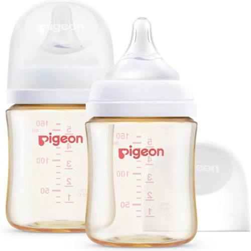 Pigeon PPSU Nursing Baby Bottle Wide Neck, Anti-Colic, Streamlined Body, Natural Feel, Easy to Clean, 5.4 Oz(Pack of 2), Includes 2pcs SS Nipples (0m+)