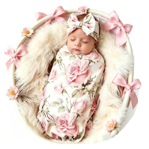 Galabloomer Newborn Receiving Blanket Headband Set Baby Flower Swaddle