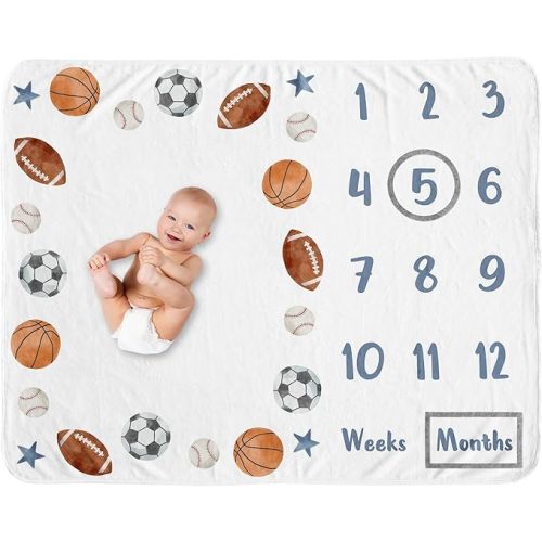 Sweet Jojo Designs Sports Theme Boy Baby Milestone Blanket Newborn Monthly First Year Photo Growth Chart Infant Memory Gift Set Watercolor Vintage Soccer Balls Football Baseball Basketball Blue Stars