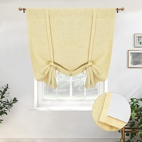 DriftAway Double Layer Linen Blackout Tie Up Curtains Thermal Insulated Fully Lined Balloon Roman Shade Bathroom Window Adjustable Rod Pocket for Small Window 45 Inch by 63 Inch Yellow