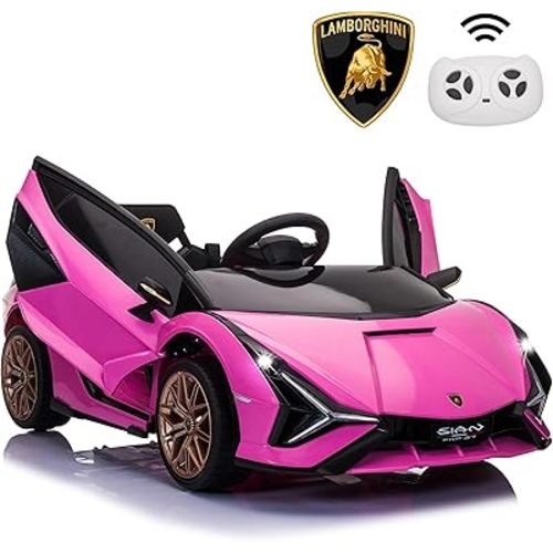 Licensed Lamborghini SIAN Kids Electric Ride On Car Toy by TOBBI, 12V Battery Powered Vehicle with Parent Remote Control for Toddlers 3-6 to Drive w/Functions/Seatbelt/Horn/LED Lights-Pink