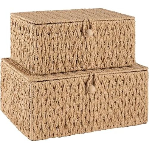 OIAHOMY Wicker Storage Basket with Lid & Lock, Lidded Storage Bins, Decorative Baskets for Organizing, Set of 2-Natural