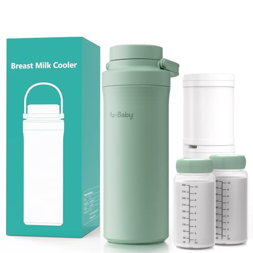 YunBaby 22oz Portable Breast Milk Cooler, Game-changer with 360° Total Cooling Gel Ice Pack for 30 Hours, Baby Travel Breastfeeding Essential Chiller with 2pcs Bottles for Breastmilk Storage(Green)