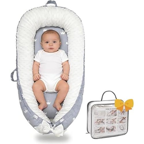 Baby Lounger-Breathable and Soft Organic 100% Cotton, Portable Infant Lounger with Removable Lounger Cover, Floor Lounger for Newborn - Grey Crown