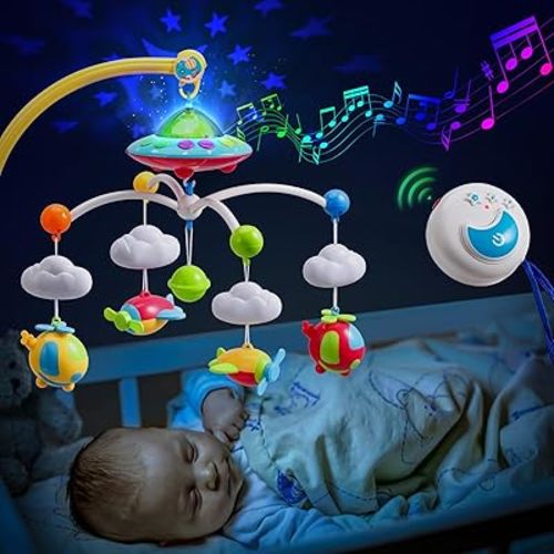 Baby Musical Crib Mobile with Hanging Rotating Toys, Remote Control, Lights Projector Function Music Box, Cartoon Rattles for Babies Boy Girl 0-24 Months, Newborn Sleep with 108 Melodies (Plane)