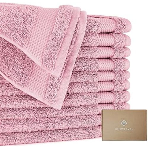 BIOWEAVES 100% Organic Cotton 700 GSM Plush Premium Washcloths 13" x 13" GOTS Certified, Face Towels Perfect for Home & Bathroom - Dusty Pink, Pack of 12