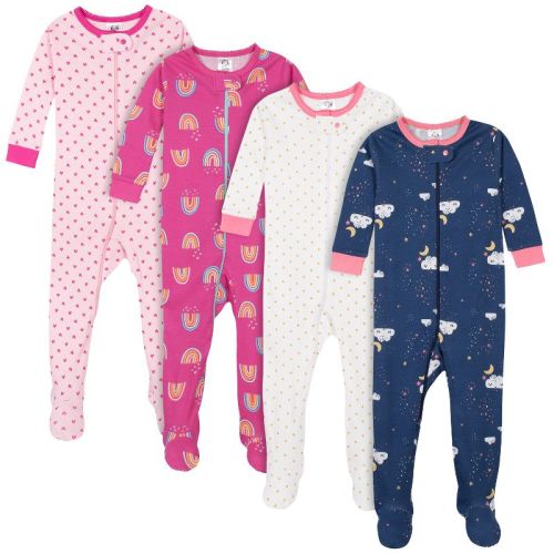 Gerber Baby Girls' 4-Pack Snug Fit Footed Cotton Pajamas, Dreams & Rainbows, 6 Months