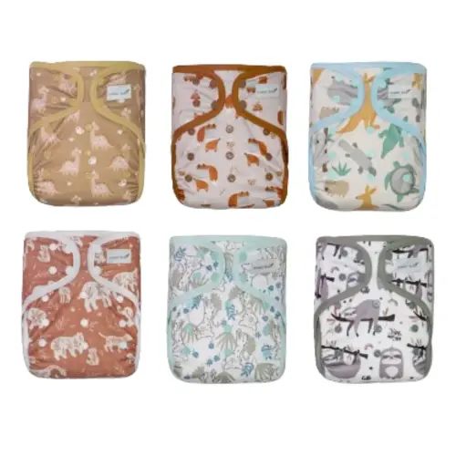 Kawaii Baby 6 One Size Happy Leak-Free Cloth Diaper Covers, Double Waterproof Layer Adjustable for Babies 8-36 pounds (Animal Club)