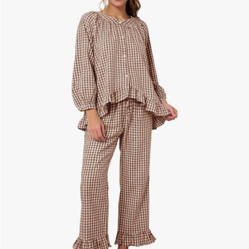 Flygo Womens Plaid Pajamas Sets 2 Piece Cotton Pj Set Puff Sleeve Ruffle Babydoll Shirt Gingham Pants Lounge Sets