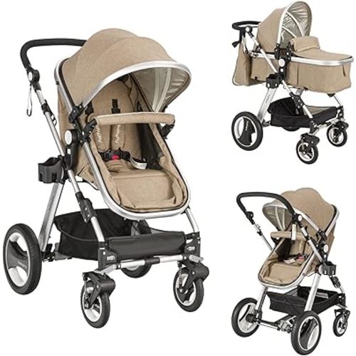BABY JOY Baby Stroller, 2-in-1 Convertible Bassinet Reclining Stroller, Foldable Pram Carriage with 5-Point Harness, Including Cup Holder, Foot Cover, Diaper Bag, Aluminum Structure, Khaki