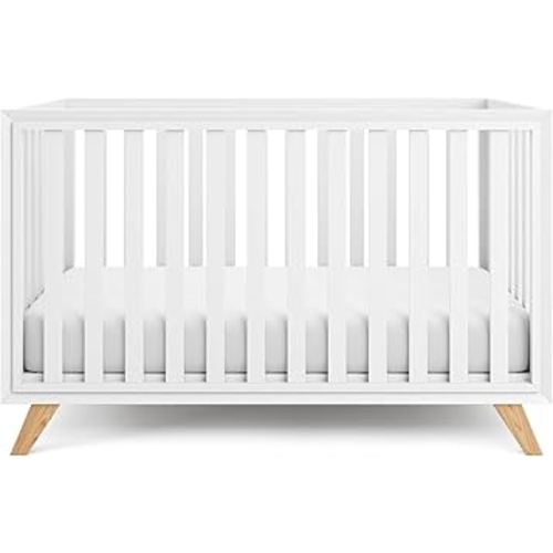 Comfy Cubs Baby Crib for 0 to 3 Years - Adjustable Mattress Height, Natural Wooden Crib for Baby, Elegant Nursery Furniture - 80 lbs Capacity Nursery Bed - White Bars and Frame with Natural Wood Leg