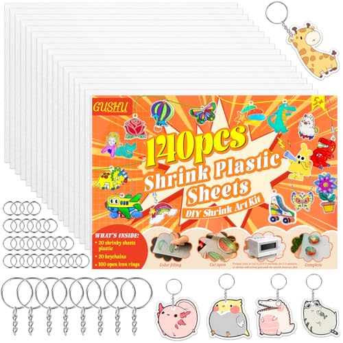 Gushu 140PCS Shrinky Plastic Sheets Kit, Shrink Paper Keychain Kit with 20PCS Shrink Paper 120PCS Keychains and Open Iron Ring for Kids Creative Craft Marking, Handprint Keychains