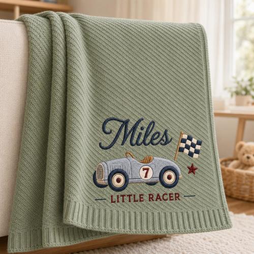 Personalized Race Car Baby Blanket, Vintage Racing Name Embroidered Newborn Gift, Nursery Keepsake, Baby Shower Boy Present