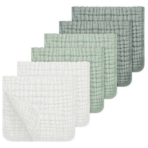 Muslin Burp Cloths 100% Cotton Muslin Cloths Large 20''x10'' Extra Soft and Absorbent 6 Pack Baby Burping Cloth for Boys and Girls White+Green