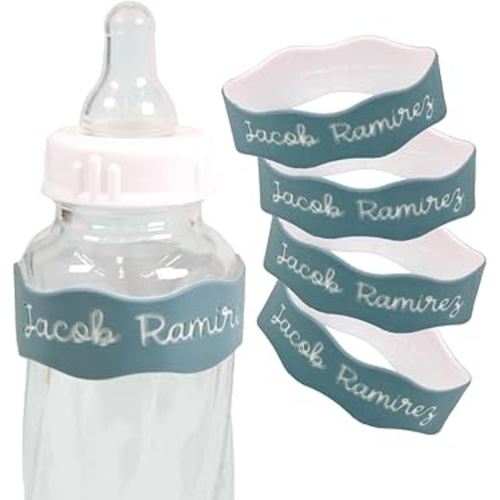 InchBug Orbit Labels - Baby Bottle Name Labels for Daycare, Sippy Cup Bands - Engraved Silicone, Reusable, Dishwasher Safe, White Contrasting Personalization, 4-Pack (Sea Glass)
