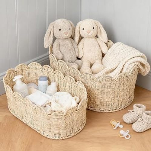 Elegant Natural Rattan Baskets Set of 2, Scalloped Basket - Hand-Woven Rattan Basket With Scalloped Edge 16x10x7 & 14x8x6 Inch for Blankets, Toys, Magazines, Boho Farmhouse Bedroom, Living Room Decor