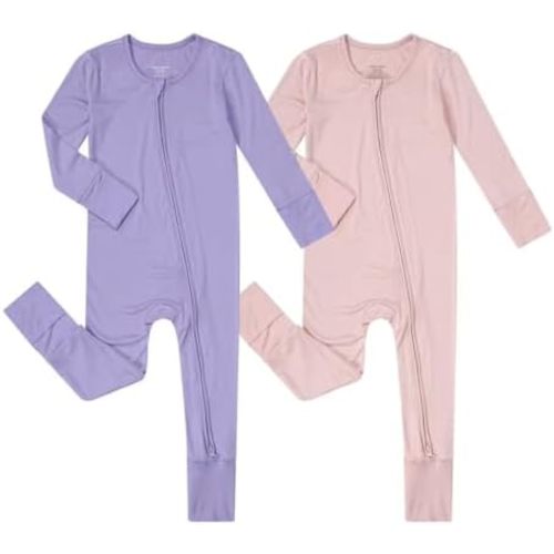 Teach Leanbh Unisex Baby 2 Pack Bamboo Viscose Pajamas with Mittens and Feet Cuffs 2 Way Zipper Long Sleeve Romper