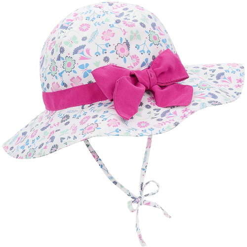 Zando UPF 50+ UV Sun Protection Bowknot Wide Brim Baby Sun Hat Adjustable Chin Strap Outdoor Girls Toddlers Cap White Flower S