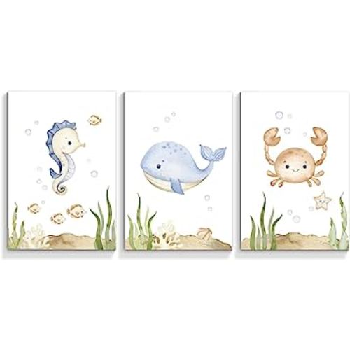 Yuaruo Ocean Animal Nursery Canvas Wall Art, 3 Piece Under The Sea Artwork Poster, Cute Life Aquatic Seahorse Whale Crap Print Painting Decor for Baby Bedroom Playroom Classroom 12x16in Unframed