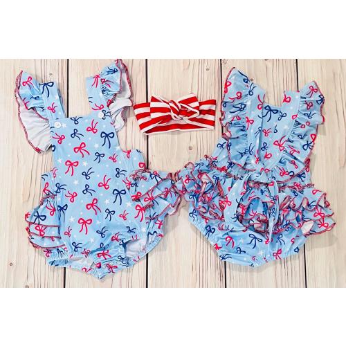 Baby girl 4th of July romper, patriotic bow romper, bubble romper, coquette bow print, ruffled