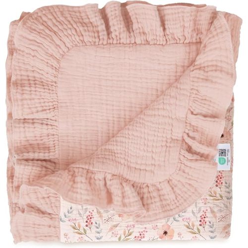 lulumoon Muslin Baby Blanket for Girls: Soft Breathable Cotton Crib Blanket with Ruffle - Floral Print Lightweight Receiving for Wrap Newborn & Nursery Stroller 40"x36"(Pink Flower)