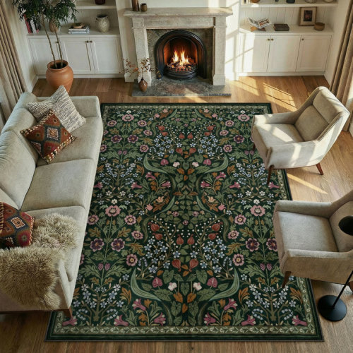 Kaldi Floral Washable Area Rug – Intricate Nature-Inspired Design, Non-Slip Soft Floor Mat for Living Room, Bedroom, and Entryway