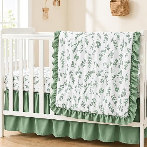 Hahafelt 3 Pieces Sage Green Leaf Crib Bedding Set for Boys Girls, Ruffle Baby Comforter, Fitted Sheet & Dust Ruffle Skirt, Botanical Boho Nursery Bedding for Newborn Infant Toddler, Standard Crib