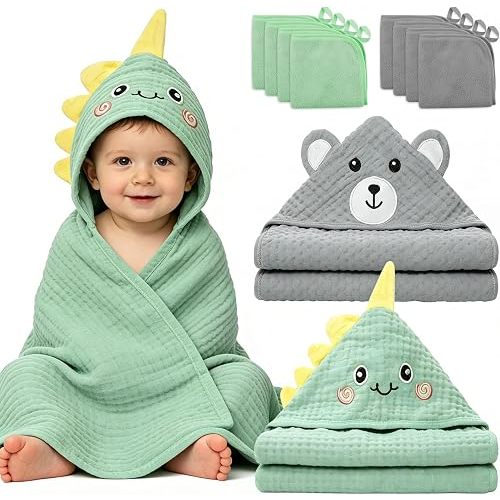 2 Pack Muslin Hooded Baby Bath Towels & 8 Washcloths, 100% Cotton