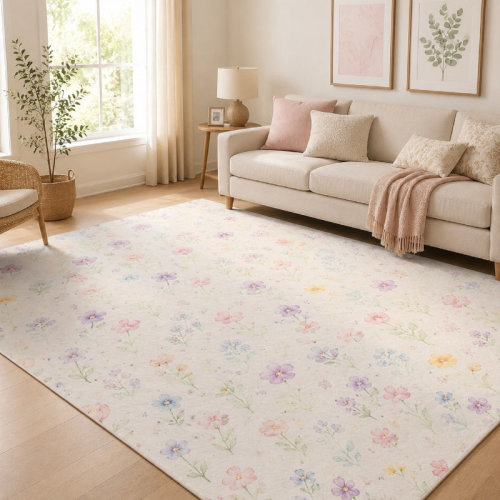 August Grove® 1Pcs Watercolor floral pattern - low pile, printed carpet, washable and easy to clean, large thin rug, non-slip backing, suitable for living room, bedroom, kitchen, office indoor use for home detor | Wayfair