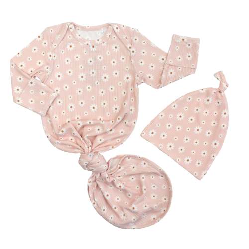 Pink Daisy Ribbed Bamboo Gown and Hat Newborn Baby Gift Set